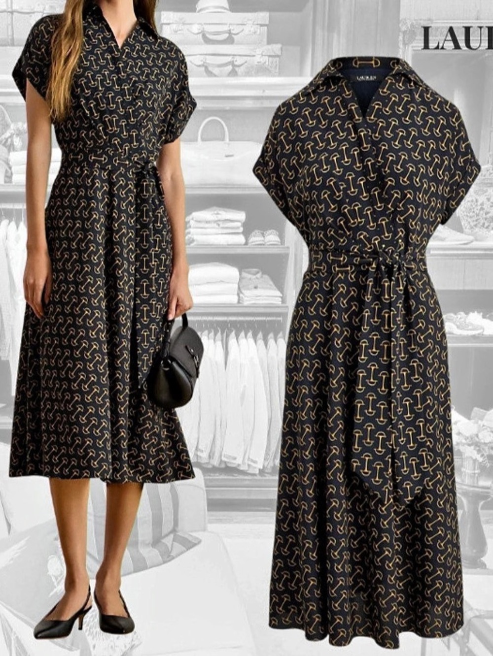 New Lauren Ralph Lauren Geo-Print Belted Crepe Dress Midi Black & Gold Medium 6
